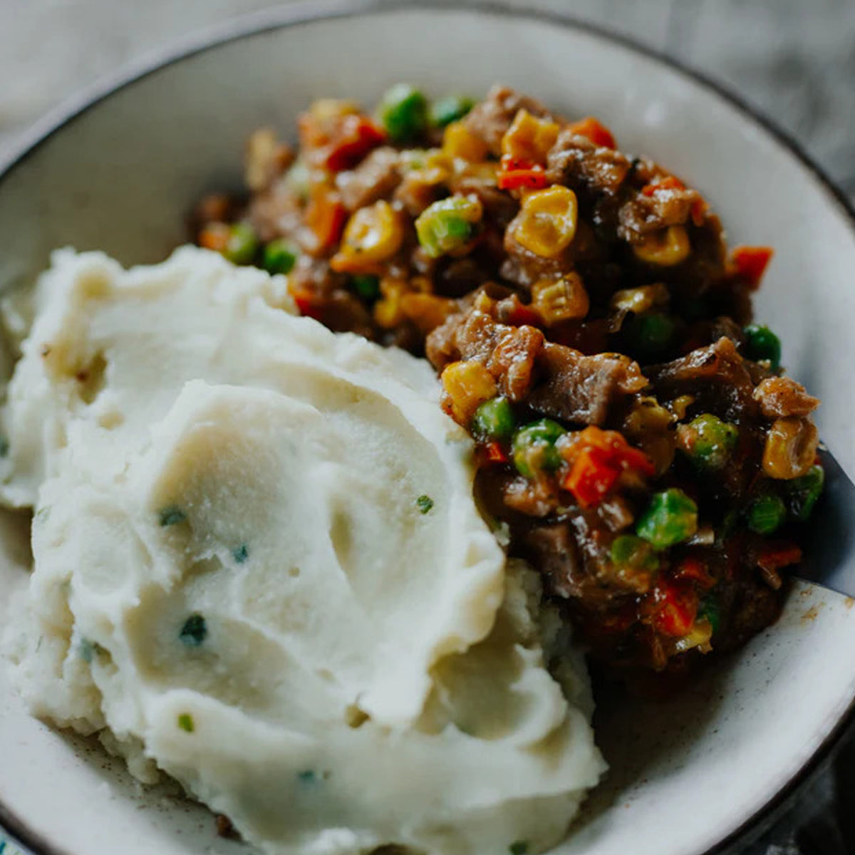 Freeze dried lamb and mint gravy with vegetables and creamy mashed potato. www.moralepatches.com.au