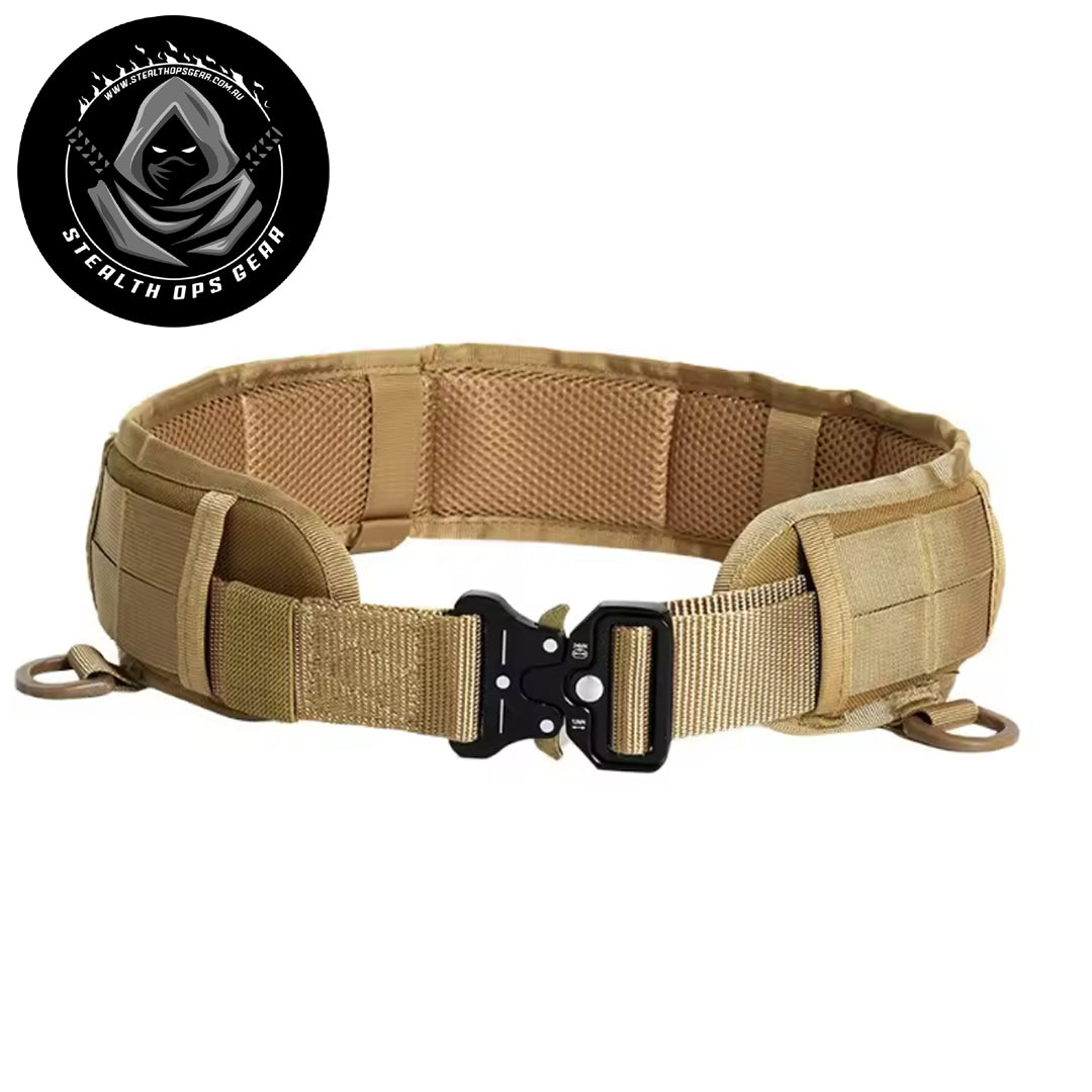 The Stealth Ops Gear Battle Belt in Coyote combines comfort and durability for demanding tactical use. Its padded section measures 77cm by 8cm, providing cushioning that reduces fatigue during extended wear.  www.moralepatches.com.au