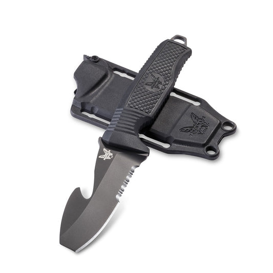 The Benchmade 112 H2O Fixed Blade dive knife was originally developed for an elite military program. A fixed black-coated blade with blunt tip and integrated rescue hook, this knife features N680 ultra stainless steel, a special application steel for when corrosion resistance is the primary requirement. www.moralepatches.com.au