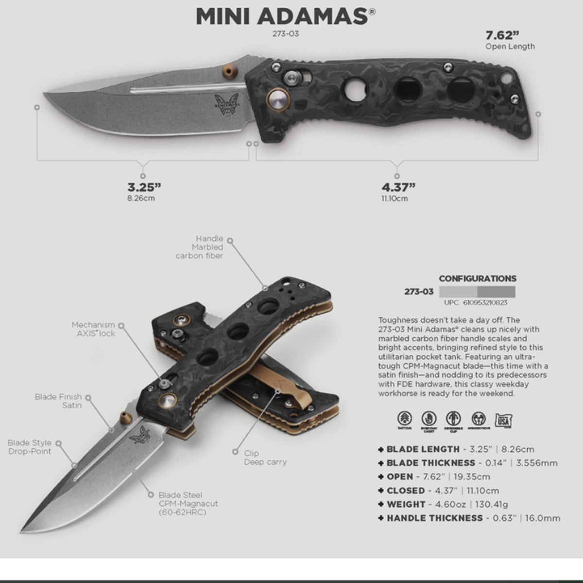 Toughness doesn’t take a day off. The 273-03 Mini Adamas®️ cleans up nicely with marbled carbon fibre&nbsp;handle scales and bright accents, bringing refined style to this utilitarian pocket tank. Featuring an ultra-tough CPM-Magnacut️ blade—this time with a satin finish—and nodding to its predecessors with FDE hardware, this classy weekday workhorse is ready for the weekend. www.moralepatches.com.au