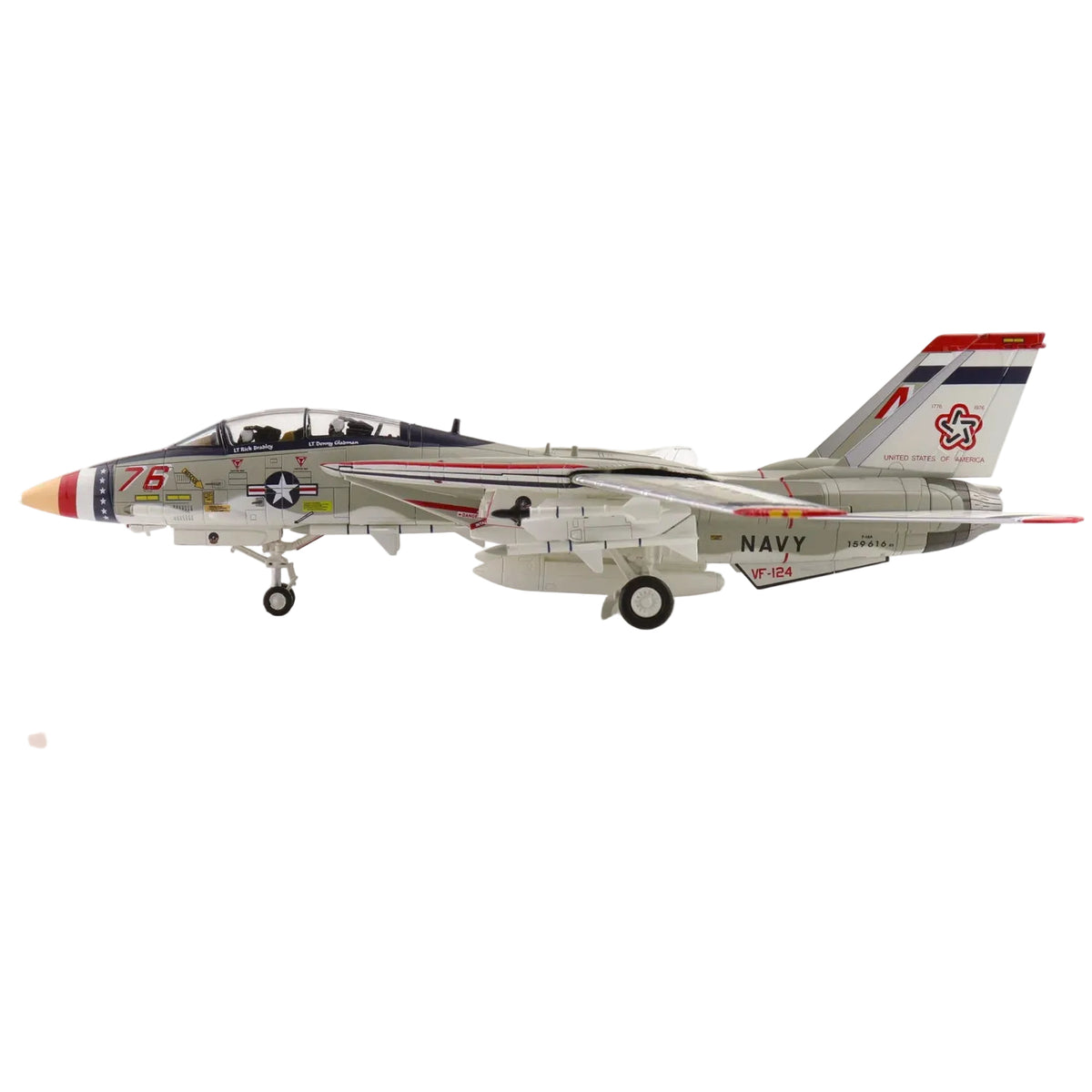 Own a stunning piece of US Navy history with the 1/72 F-14A Tomcat "Bicentennial Scheme," Bureau Number 159616, as flown by VF-124 in 1976. This meticulously crafted diecast model showcases the iconic F-14 adorned with a vibrant red, white, and blue livery commemorating America's 200th birthday. www.moralepatches.com.au