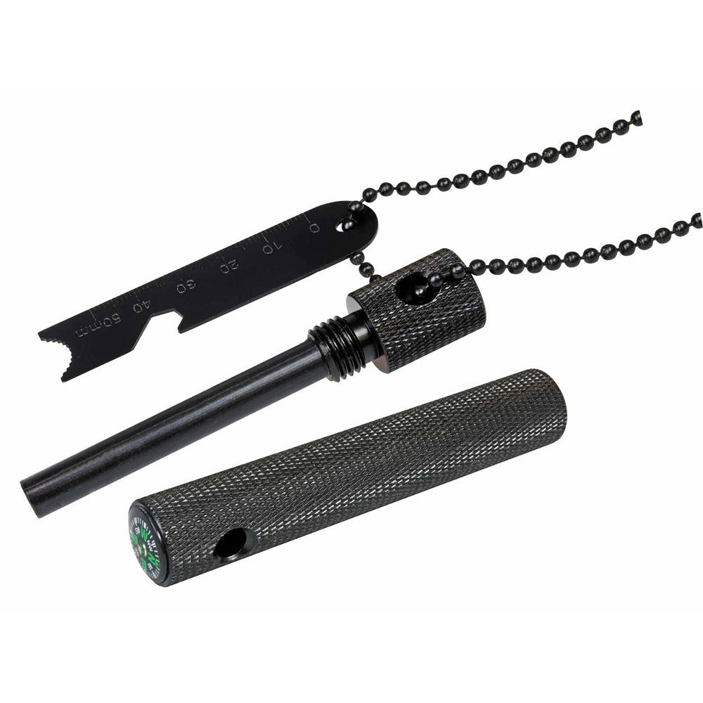 An indispensable utensil in emergency situations, the magnesium fire starter. The chips produced with the enclosed scraper help tremendously to rapidly kindle the camp fire or emergency flare. Sturdy construction in a threaded aluminium body with non-slip checkering. Compass integrated into the housing. www.moralepatches.com.au