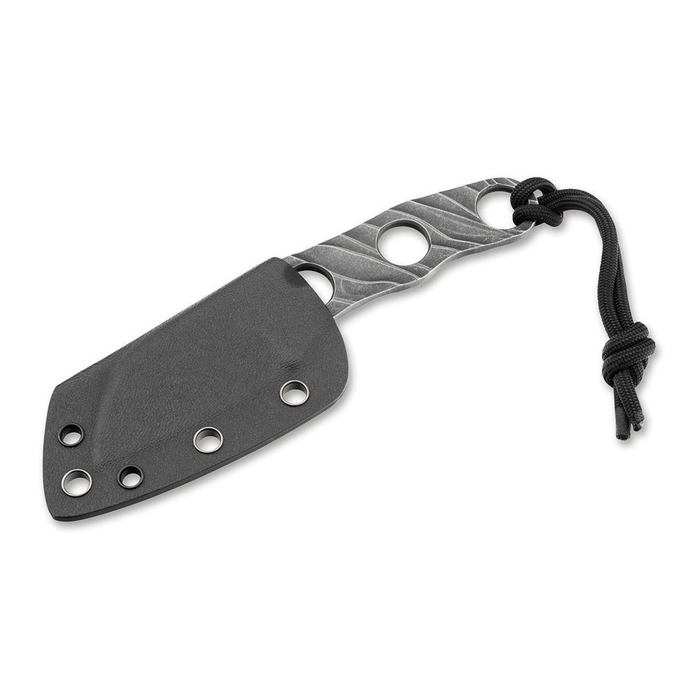 The Boker Plus Kazhan designed by Alexander Krava is a handy neck knife with a short sheepfoot blade that is ideal as a backup knife for everyday use due to its light weight. The young knifemaker from Lviv, Ukraine, places particular emphasis on the aesthetics of his designs, which are convincing not only as reliable tools but also as high quality accessories. The skeletonised Kazhan is made of D2 with a dark stonewash finish. www.moralepatches.com.au