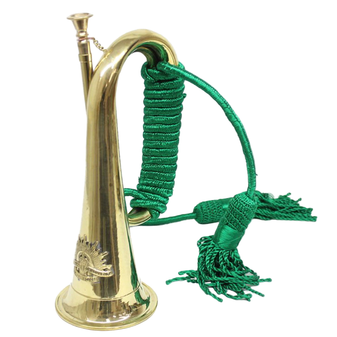 This handcrafted copper bugle features the World War II-style Rising Sun badge and is finished with a green rope. Although some users may achieve an acceptable sound, it is primarily intended as a decorative piece. www.moralepatches.com.au