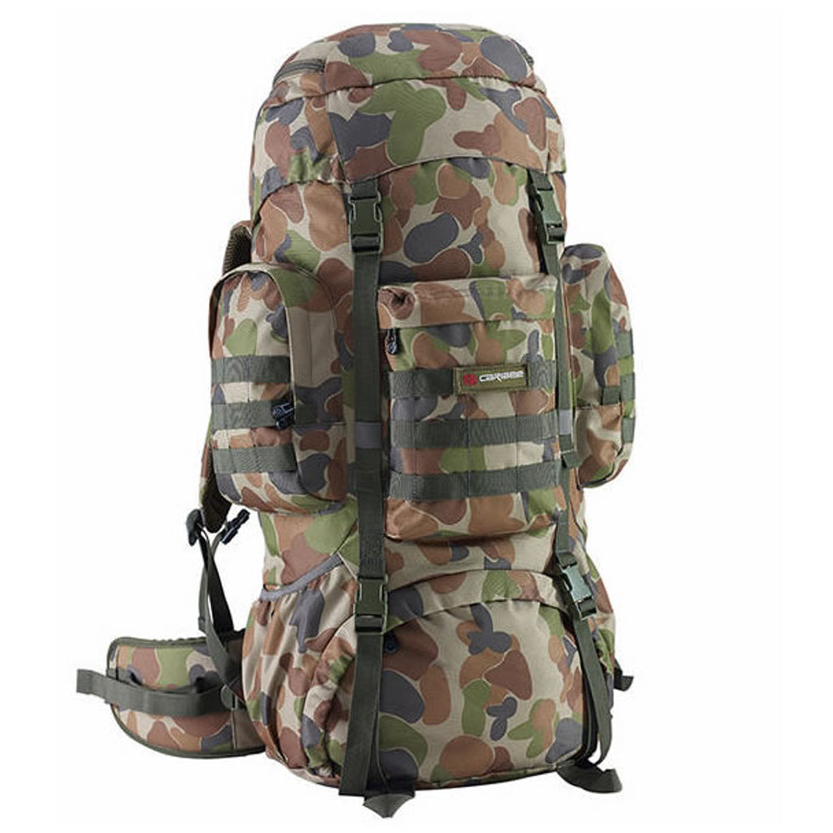 The Caribee Platoon is a military inspired 70L Auscam rucksack designed for hiking, camping and outdoor adventures. Built to last the toughest conditions this rucksack is constructed using HD 900D materials with reinforced load points. Three external pockets with molle fixings maximise your storage capability and speed to access to popular smaller items. A rugged AFS fixed harness system minimises possible failure points whilst providing great support for your adventure. www.moralepatches.com.au