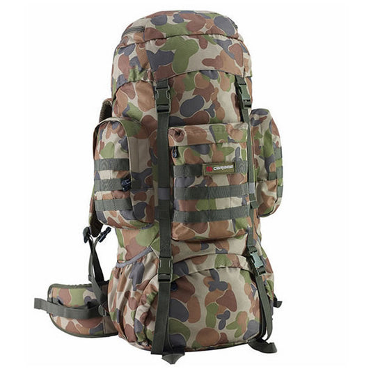 The Caribee Platoon is a military inspired 70L Auscam rucksack designed for hiking, camping and outdoor adventures. Built to last the toughest conditions this rucksack is constructed using HD 900D materials with reinforced load points. Three external pockets with molle fixings maximise your storage capability and speed to access to popular smaller items. A rugged AFS fixed harness system minimises possible failure points whilst providing great support for your adventure. www.moralepatches.com.au