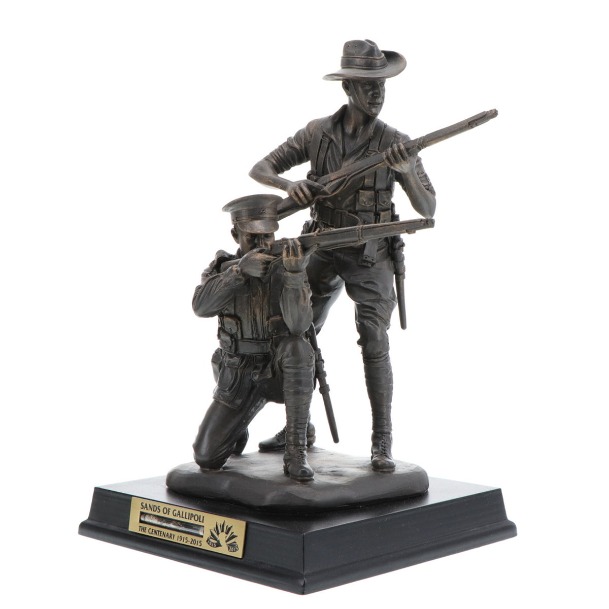 The beautiful 2015 release Sands of Gallipoli Their Spirit Gallipoli Centenary Bronze Figurine, shares the spirit of Gallipoli with this amazingly detailed Limited Edition cold cast bronze figurine. Standing 240mm with a glass vial of actual sands collected from the landing beaches at Gallipoli set into the timber base, this is an heirloom to be treasured through the ages. Only 5,000 available worldwide. www.moralepatches.com.au