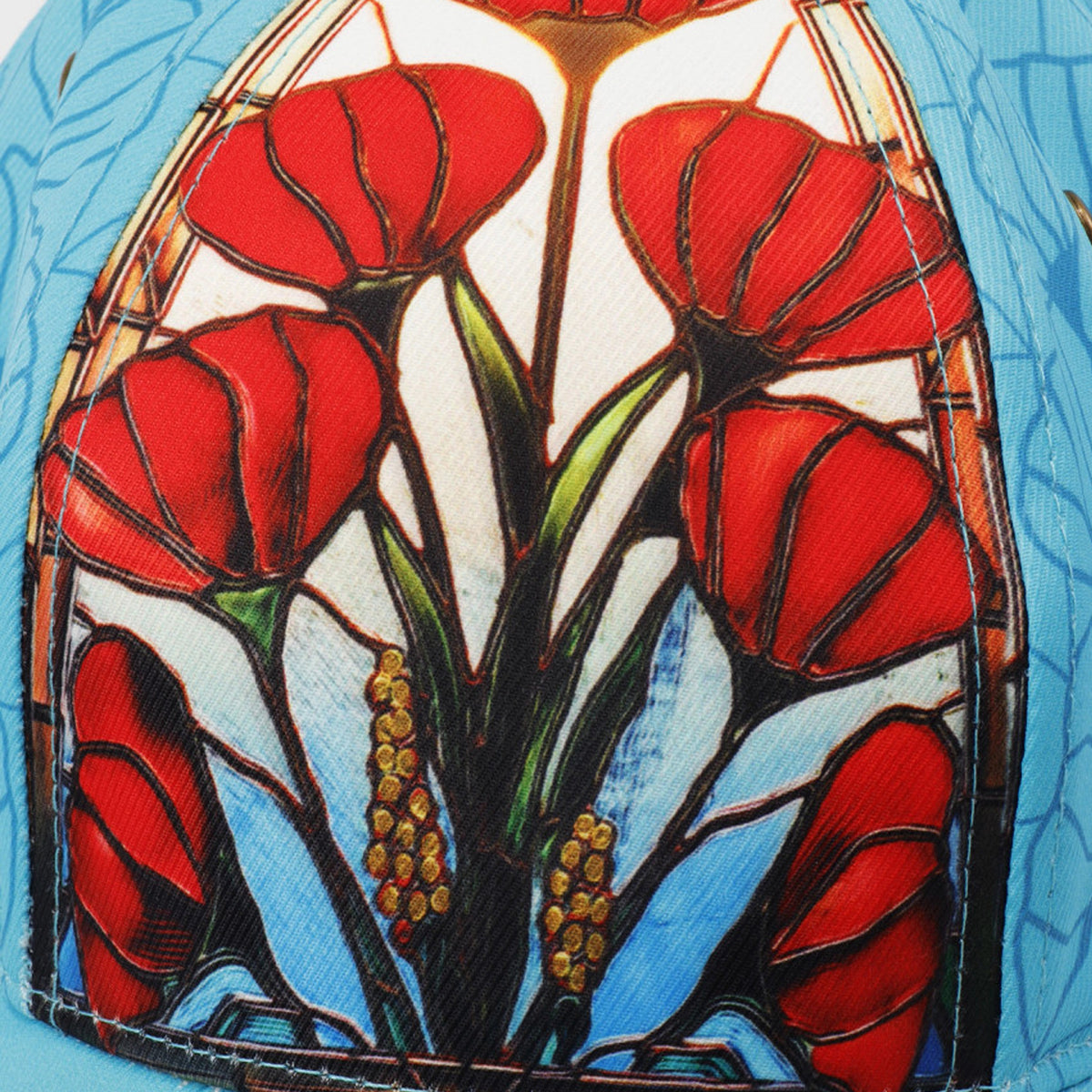 This exquisite panel cap features a seamless front panel displaying a stunning full-colour stained-glass poppy design. The aqua-coloured cap also showcases a subtle line art rendition of the same poppy motif on its remaining panels. Enhanced with deep turquoise piping along the brim, this cap exudes a polished look. With an adjustable hook-and-loop strap, it offers a perfect fit. www.moralepatches.com.au