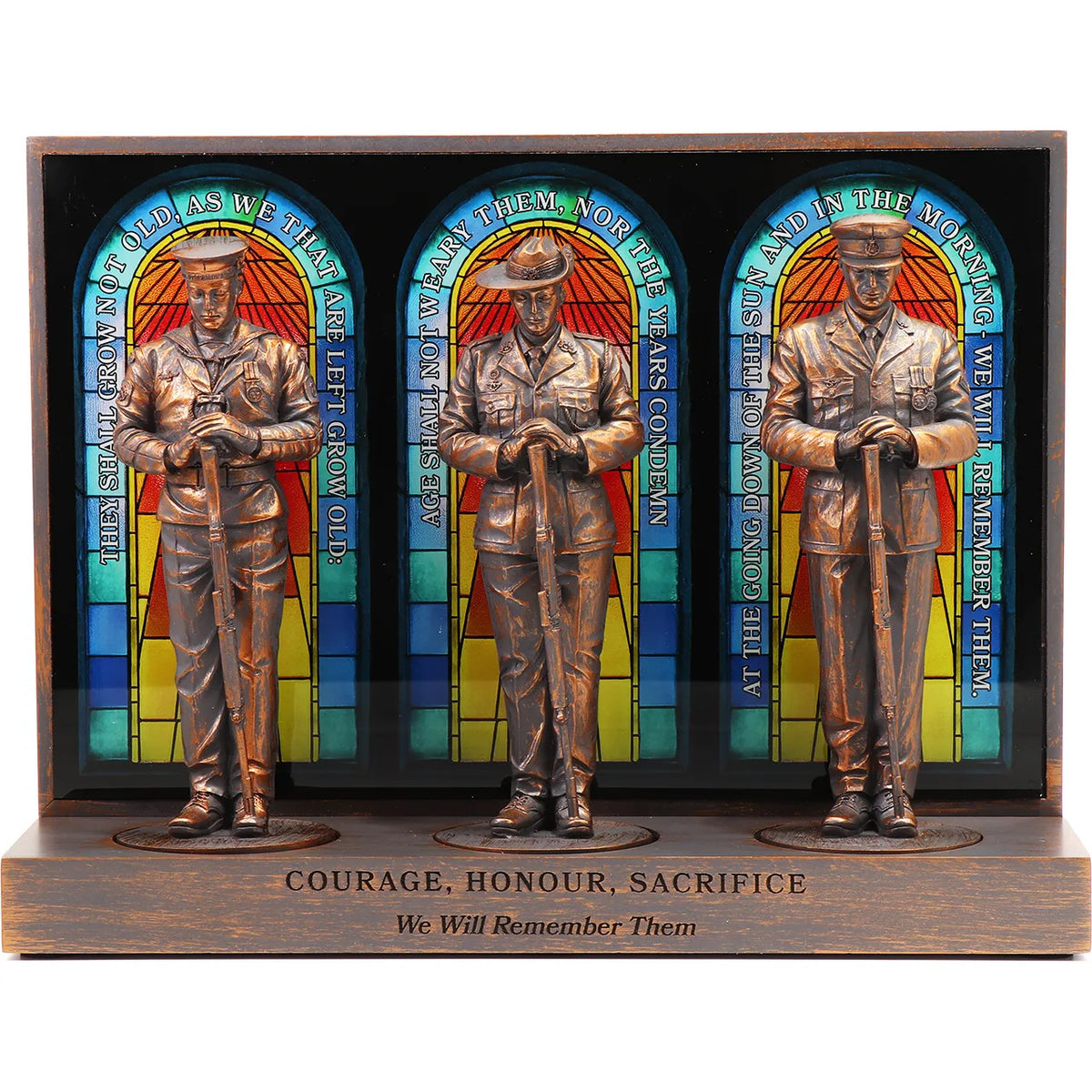 This stunning Courage, Honour, Sacrifice: We Will Remember Them* figurine is a remarkable tribute, crafted with exquisite attention to detail. The figurines, made from cold cast bronze, beautifully depict personnel from the Royal Australian Navy, Australian Army, and Royal Australian Air Force, all captured in a solemn Resting on Reversed Arms stance. www.moralepatches.com.au