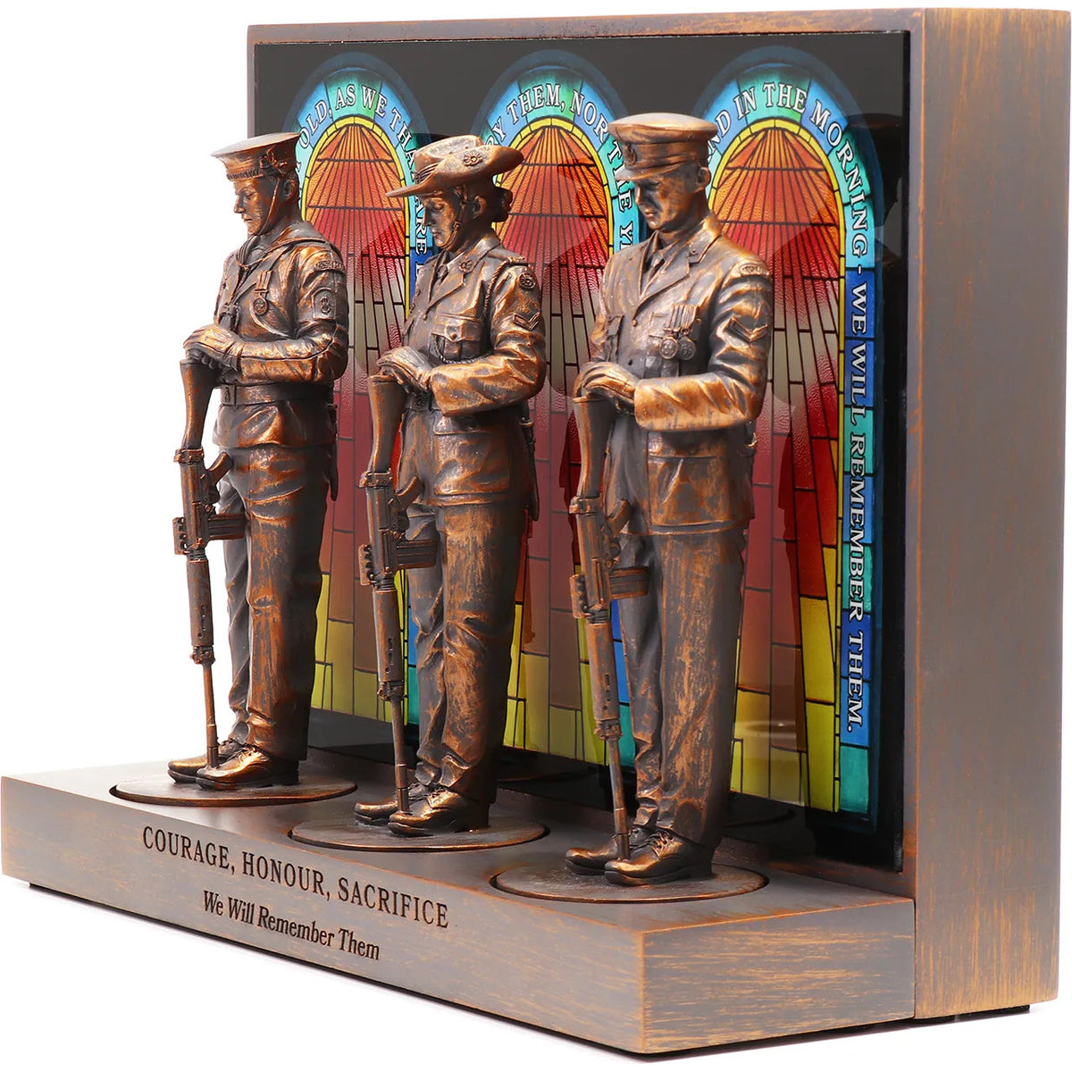 This stunning Courage, Honour, Sacrifice: We Will Remember Them* figurine is a remarkable tribute, crafted with exquisite attention to detail. The figurines, made from cold cast bronze, beautifully depict personnel from the Royal Australian Navy, Australian Army, and Royal Australian Air Force, all captured in a solemn Resting on Reversed Arms stance. www.moralepatches.com.au