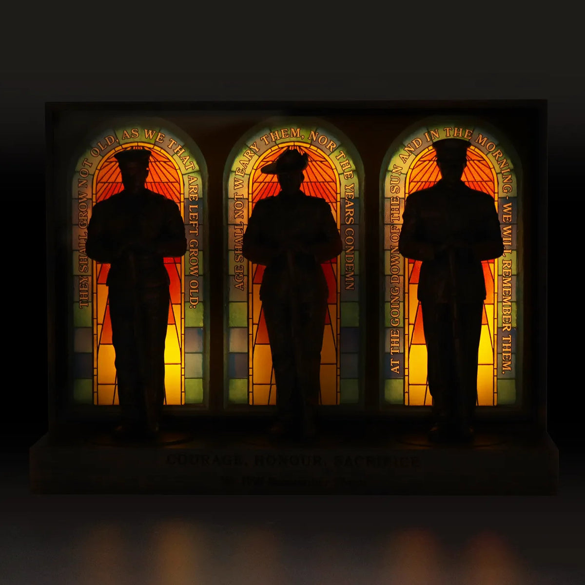 This stunning Courage, Honour, Sacrifice: We Will Remember Them* figurine is a remarkable tribute, crafted with exquisite attention to detail. The figurines, made from cold cast bronze, beautifully depict personnel from the Royal Australian Navy, Australian Army, and Royal Australian Air Force, all captured in a solemn Resting on Reversed Arms stance. www.moralepatches.com.au