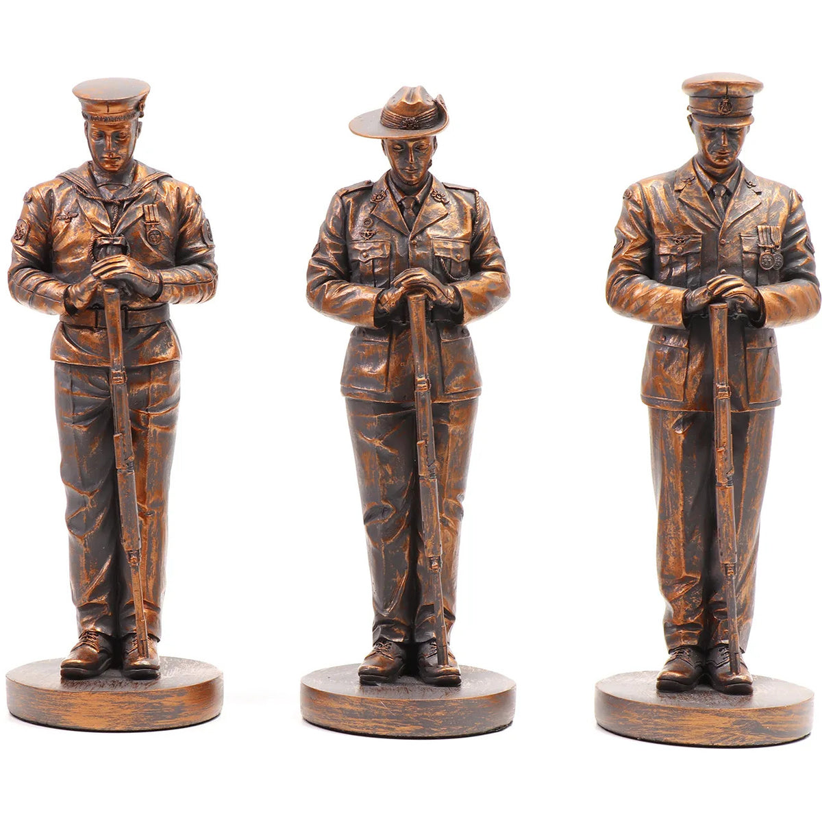 This stunning Courage, Honour, Sacrifice: We Will Remember Them* figurine is a remarkable tribute, crafted with exquisite attention to detail. The figurines, made from cold cast bronze, beautifully depict personnel from the Royal Australian Navy, Australian Army, and Royal Australian Air Force, all captured in a solemn Resting on Reversed Arms stance. www.moralepatches.com.au
