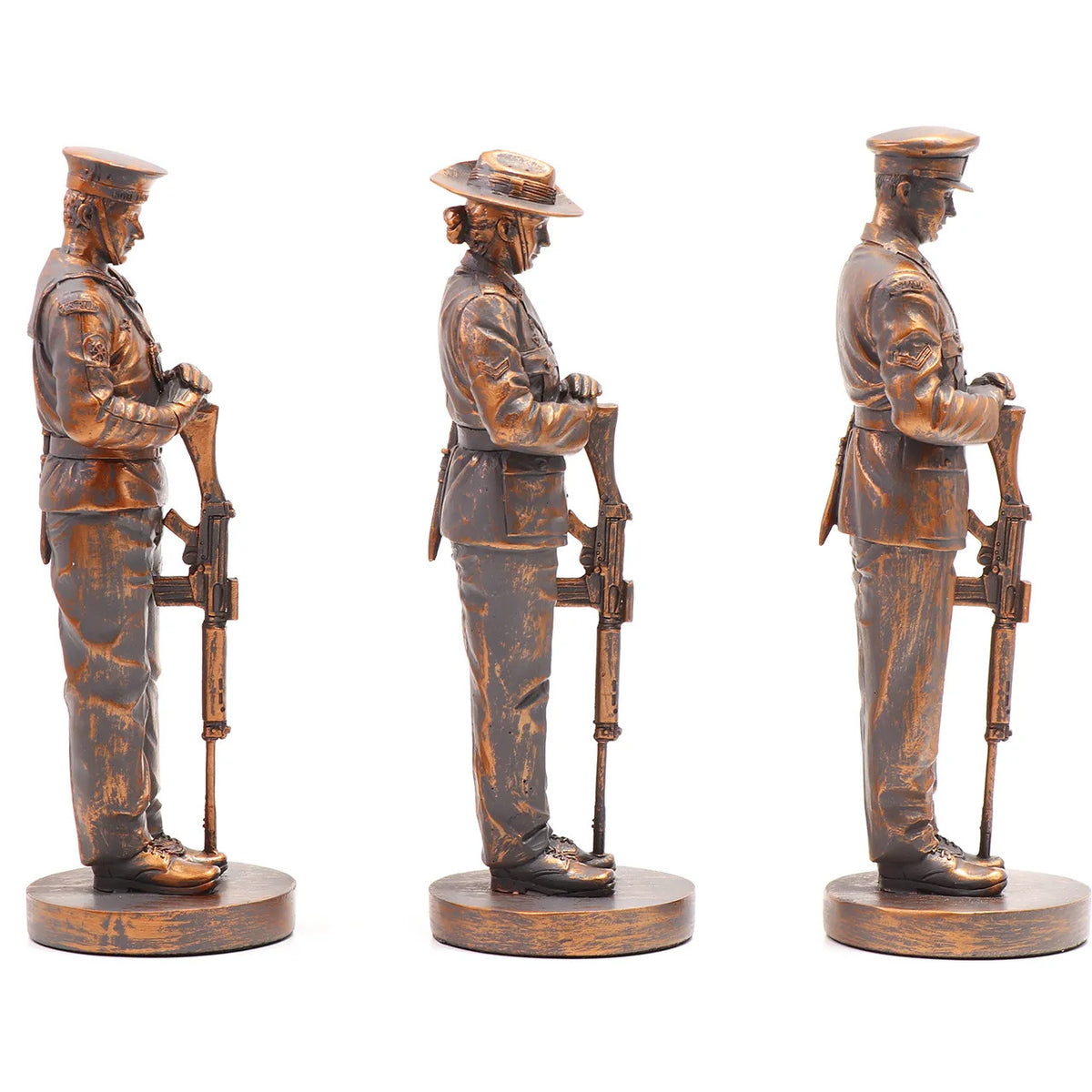 This stunning Courage, Honour, Sacrifice: We Will Remember Them* figurine is a remarkable tribute, crafted with exquisite attention to detail. The figurines, made from cold cast bronze, beautifully depict personnel from the Royal Australian Navy, Australian Army, and Royal Australian Air Force, all captured in a solemn Resting on Reversed Arms stance. www.moralepatches.com.au