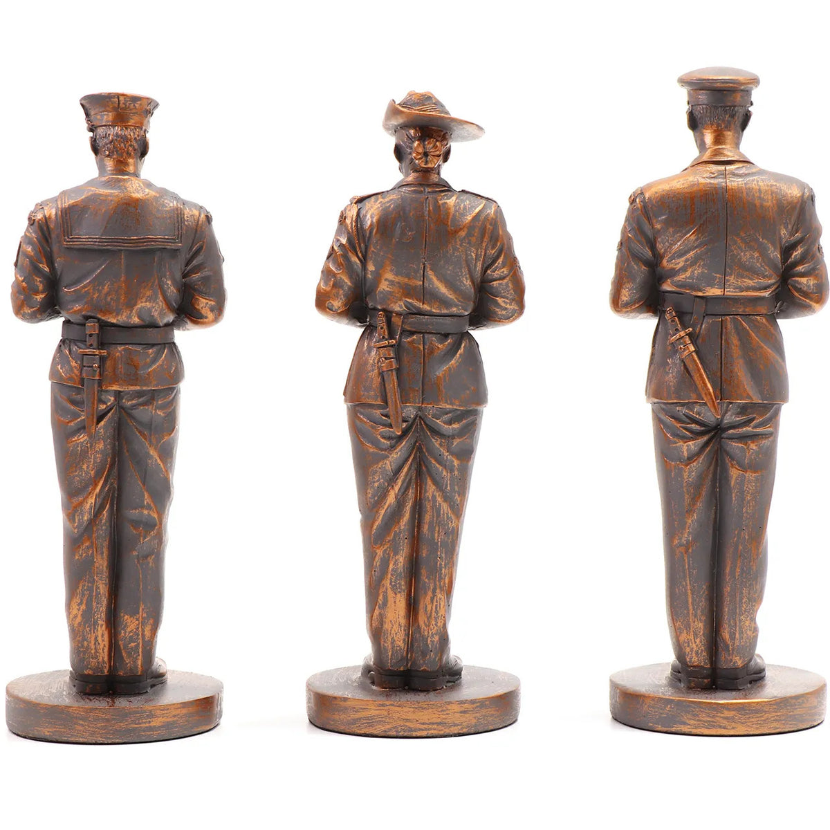This stunning Courage, Honour, Sacrifice: We Will Remember Them* figurine is a remarkable tribute, crafted with exquisite attention to detail. The figurines, made from cold cast bronze, beautifully depict personnel from the Royal Australian Navy, Australian Army, and Royal Australian Air Force, all captured in a solemn Resting on Reversed Arms stance. www.moralepatches.com.au