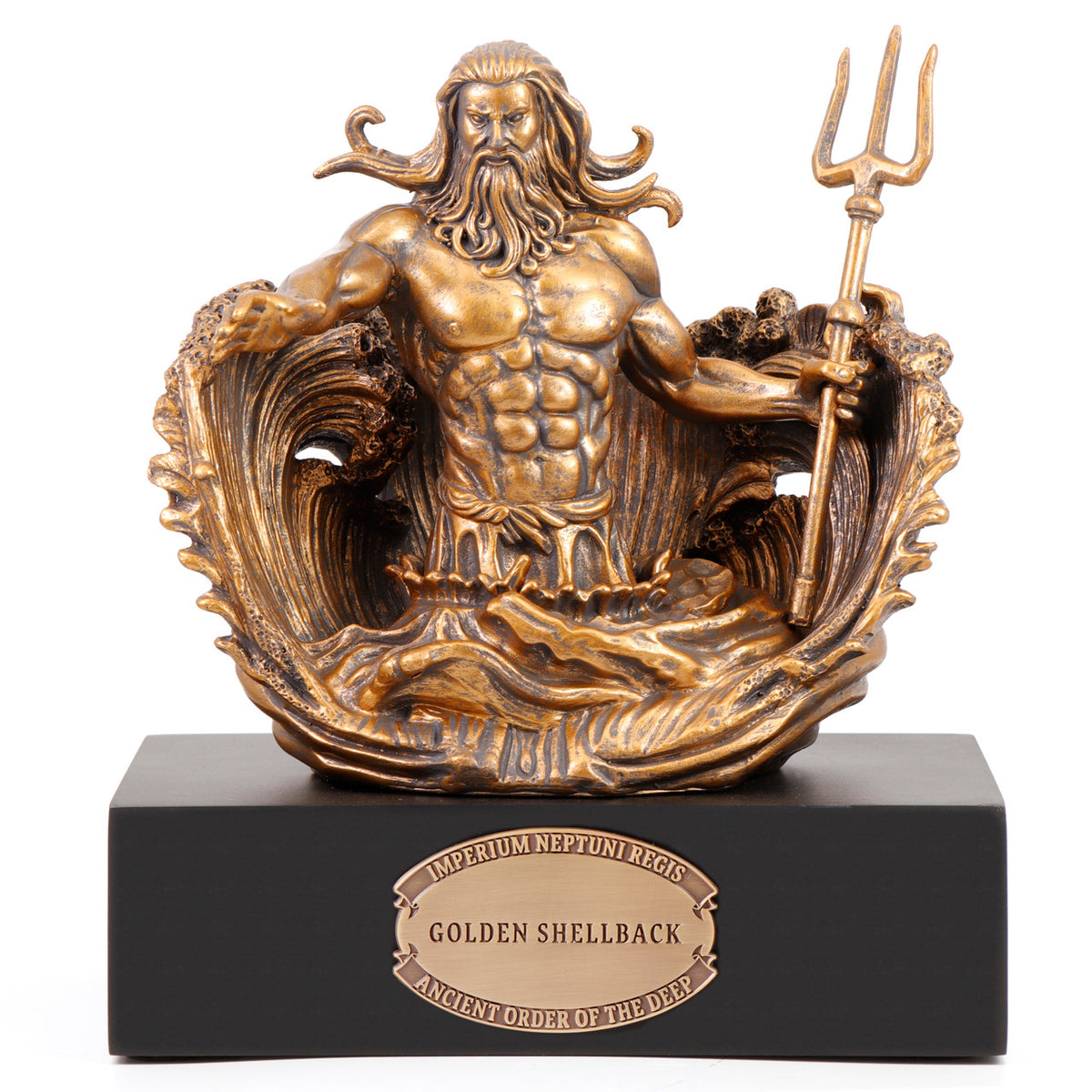 Crafted with exquisite detail, this 150mm masterpiece is sculpted from cold cast bronze, and its gleaming antique gold finish elevates it to a realm of unparalleled elegance. Mounted atop a finely crafted timber block, it captures the very essence of Neptune's regal emergence from the ocean depths. www.moralepatches.com.au