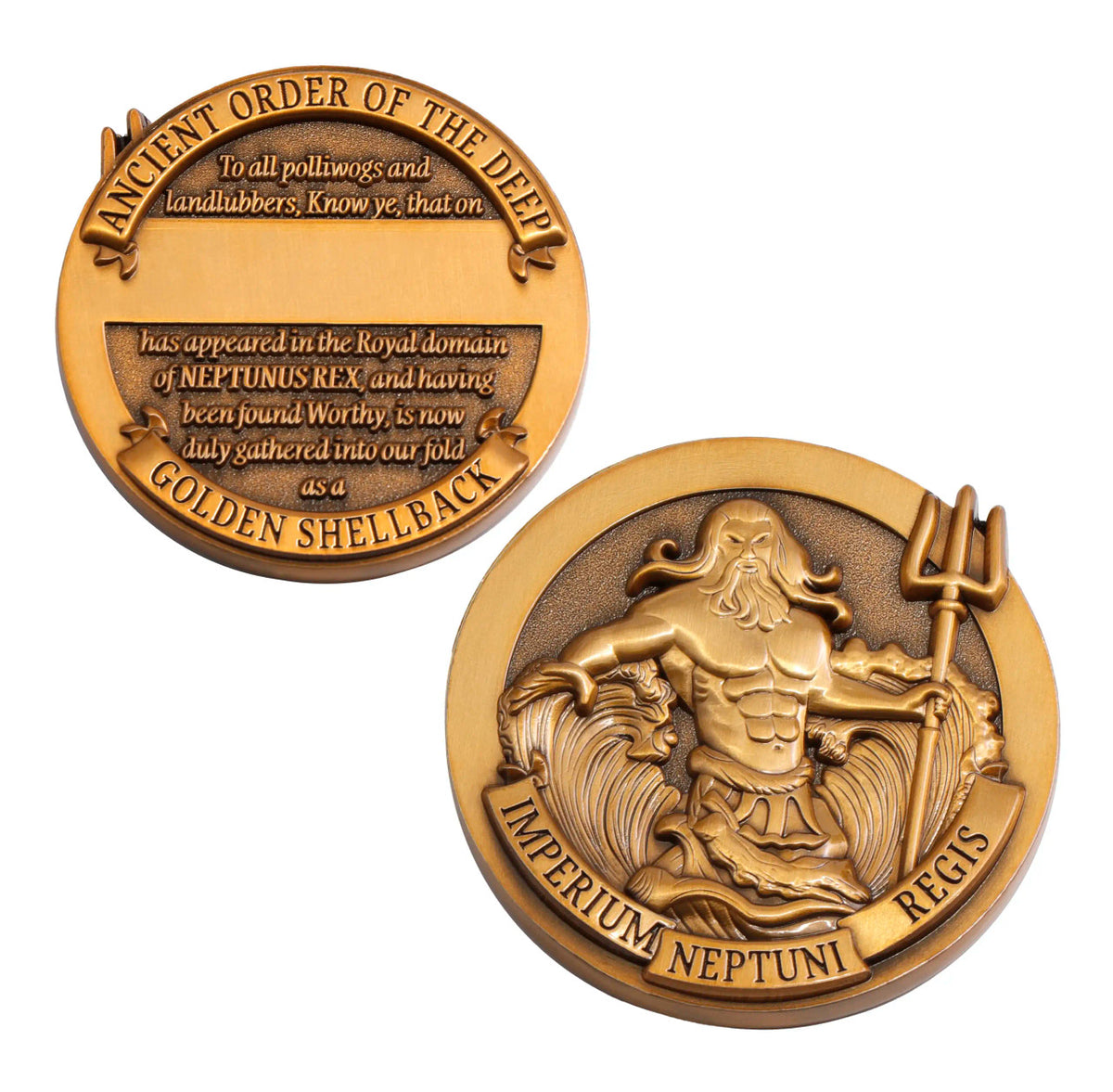 Journey into the ancient maritime tradition of 'Crossing the Line' ceremonies with the Golden Shellback Medallion, a symbol of honour and a testament to your maritime prowess. This 48mm medallion, meticulously antique gold-plated, is a tangible connection to a time-honoured custom that the Royal Australian Navy and sailors worldwide hold dear. www.moralepatches.com.au