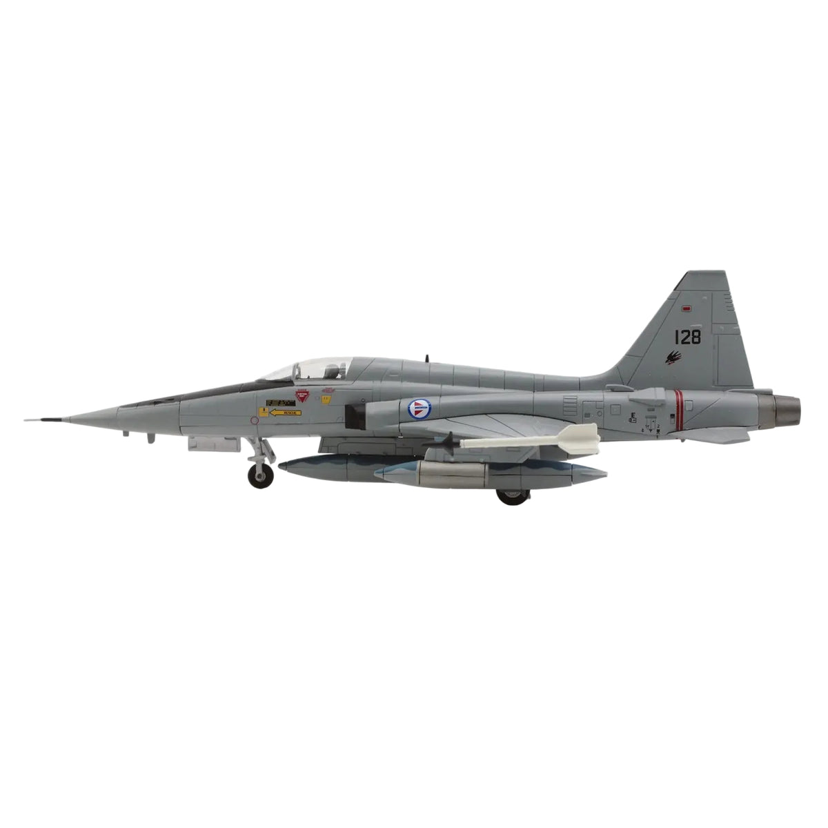 Hobby Master's HA33014 delivers a meticulously rendered 1:72 scale F-5A Freedom Fighter, serial 128, as flown by 336 Squadron of the Royal Norwegian Air Force in February 1998. www.moralepatches.com.au