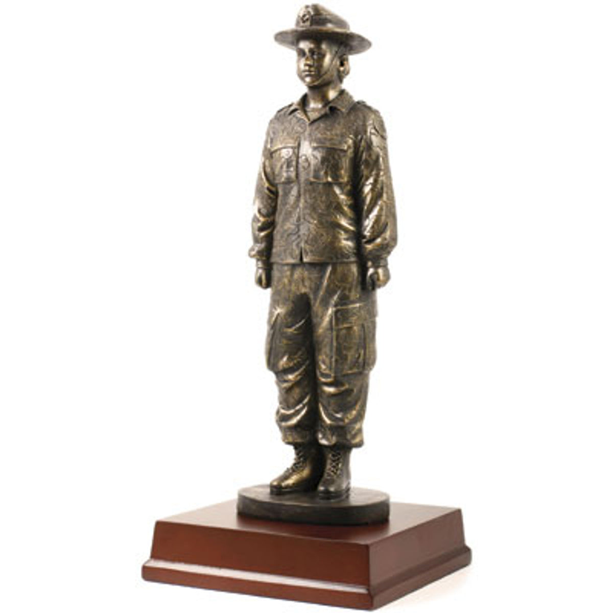 Impress any military enthusiast with this unique Female Army Cadet Figurine. Crafted with intricate detail, this 295mm tall cold cast bronze figurine stands atop a 130mm x 130mm base with a 15mm x 60mm inscription plate, perfect for a special message. Give them the perfect gift, award or collectible that honors their service. www.moralepatches.com.au