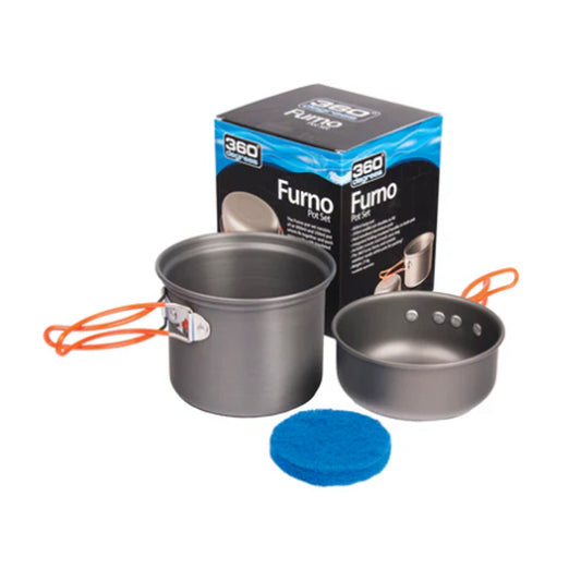 Ideal for solo or duo travellers, the compact Furno Pot Set includes two hard anodised aluminium pots with insulated folding handles on each. www.moralepatches.com.au