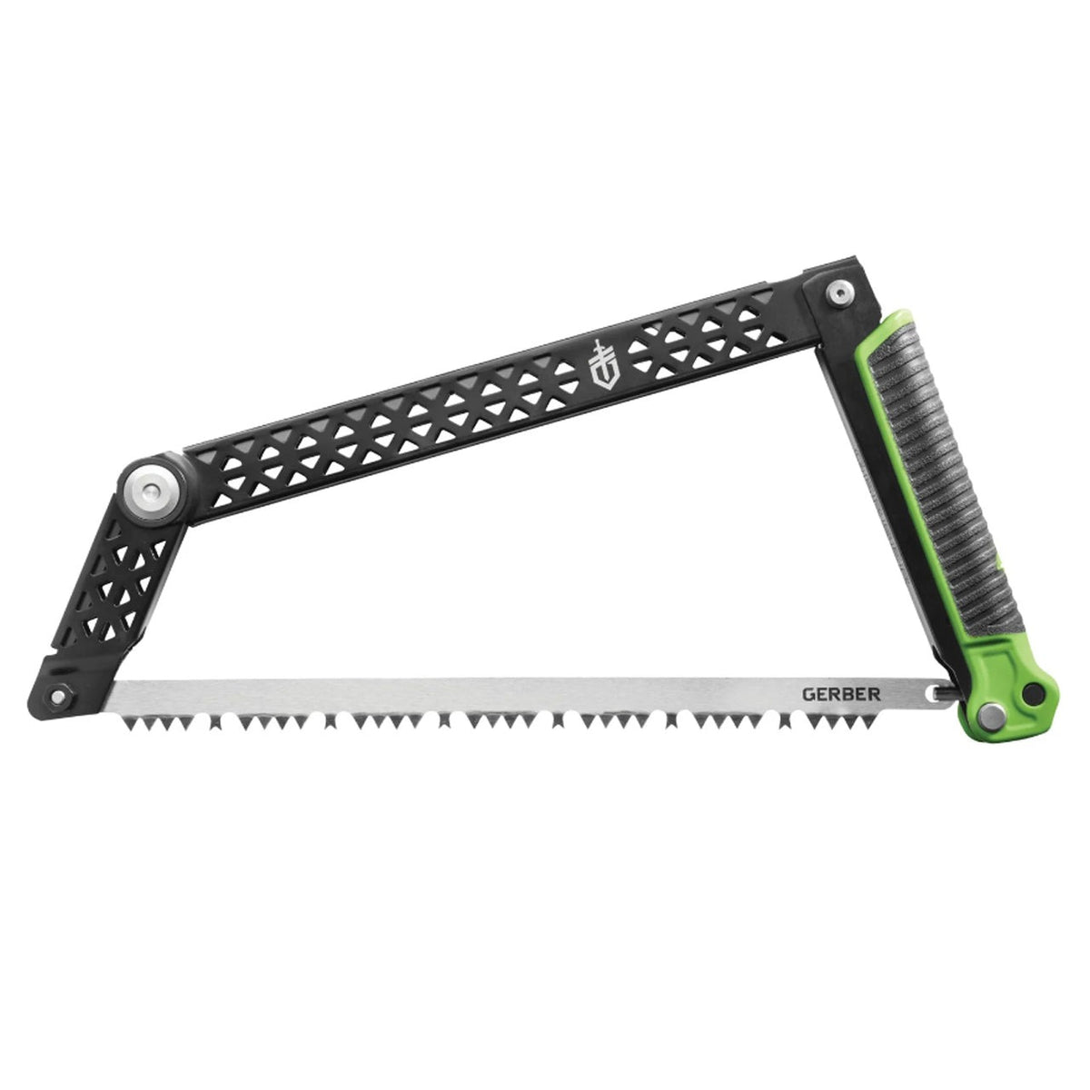 Portable. Safe. Functional. This innovative saw folds up flat for transport and utilizes 4 pivot points upon release to create a secure handle grip and 12 inch cutting surface. Bright green accents are easy to spot at the campsite, keeping you aware and safe. Accepts all standard 12" blades making replacement simple. www.moralepatches.com.au