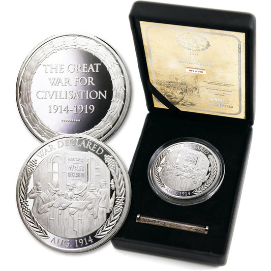 The Sands of Gallipoli 2014 release War Declared Limited Edition Medallion is a must-have collectible for military enthusiasts and history buffs. This exquisite medallion commemorates England's declaration of War on Germany in 1914 and the overwhelming support shown by Australians during that time. www.moralepatches.com.au