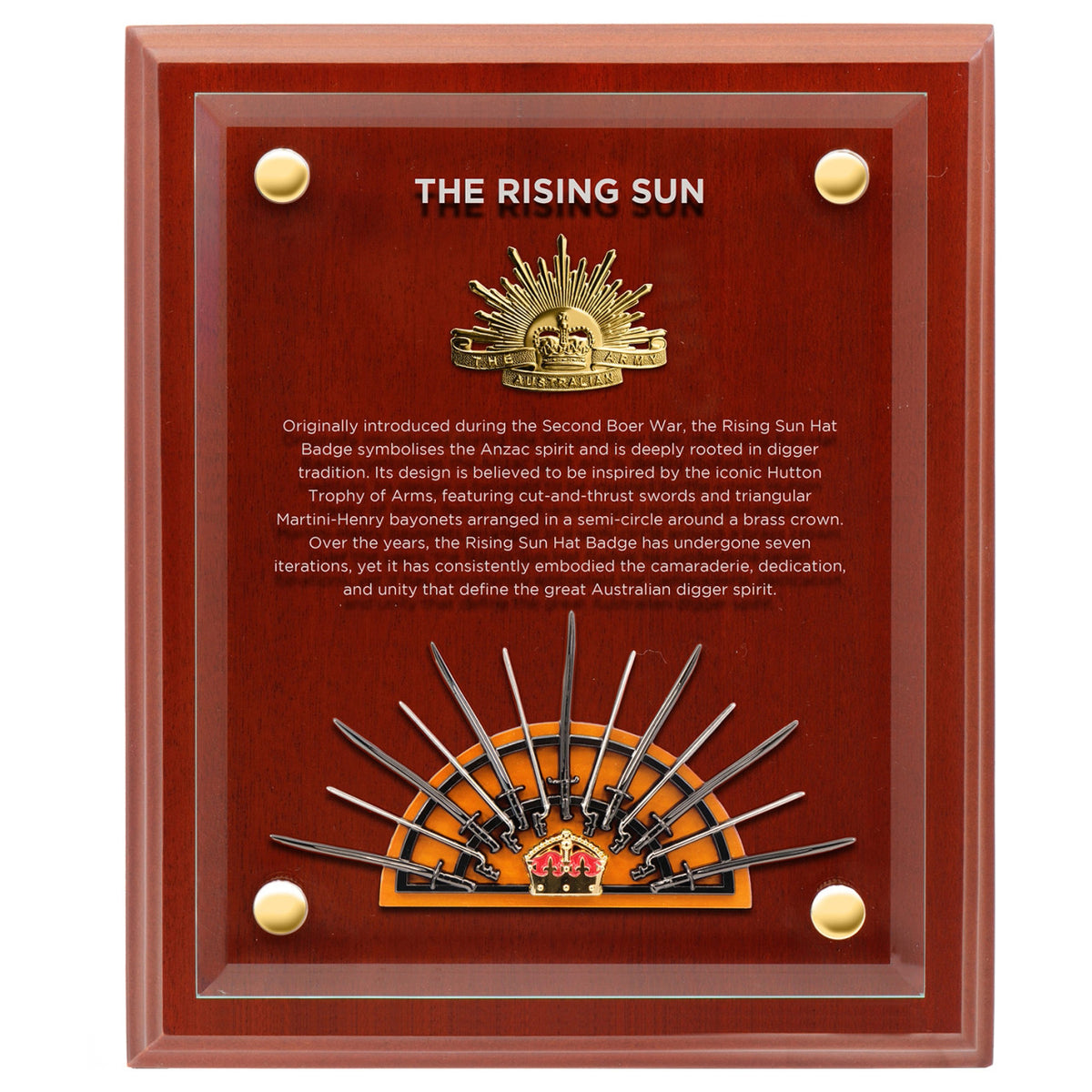 This beautifully crafted timber plaque features a mounted version of the seventh iteration of the iconic Rising Sun Hat Badge, accompanied by a small replica of the Hutton Trophy of Arms, the revered symbol believed to have inspired the design of the Rising Sun Badge. At the front of the plaque, a clear acrylic panel is engraved with a brief history of the Rising Sun, offering a thoughtful narrative behind this powerful emblem. www.moralepatches.com.au