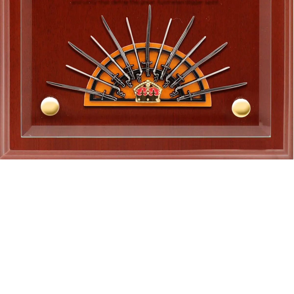 This beautifully crafted timber plaque features a mounted version of the seventh iteration of the iconic Rising Sun Hat Badge, accompanied by a small replica of the Hutton Trophy of Arms, the revered symbol believed to have inspired the design of the Rising Sun Badge. At the front of the plaque, a clear acrylic panel is engraved with a brief history of the Rising Sun, offering a thoughtful narrative behind this powerful emblem. www.moralepatches.com.au