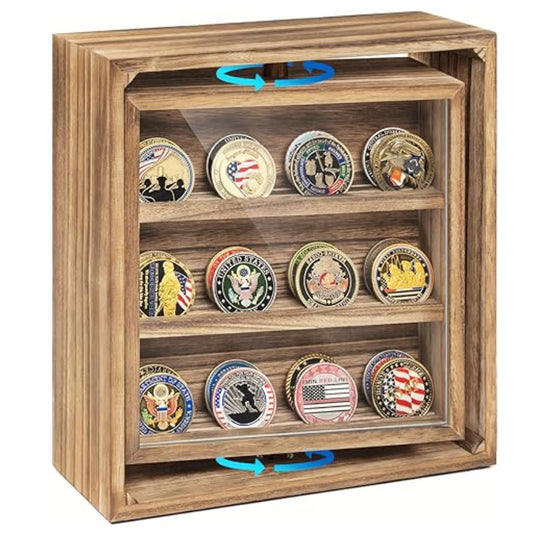 This stylish 390mm x 460mm x 55mm high gloss timber veneer Challenge Coin Display Case by Master Creations is about refined quality. There are seven velvet-backed levels to vividly showcase up to 49 coins and all fittings are finished in gold-plate. The shatter-safe hinged Perspex window will keep coins dust free and the cabinet can be wall mounted and even has a velvet backing to protect your wall surface. www.moralepatches.com.au