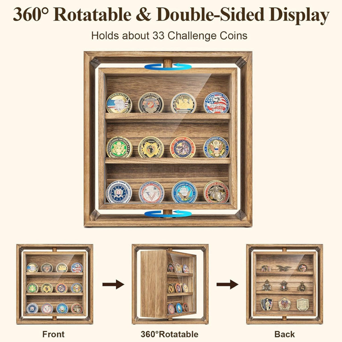 This stylish 390mm x 460mm x 55mm high gloss timber veneer Challenge Coin Display Case by Master Creations is about refined quality. There are seven velvet-backed levels to vividly showcase up to 49 coins and all fittings are finished in gold-plate. The shatter-safe hinged Perspex window will keep coins dust free and the cabinet can be wall mounted and even has a velvet backing to protect your wall surface. www.moralepatches.com.au