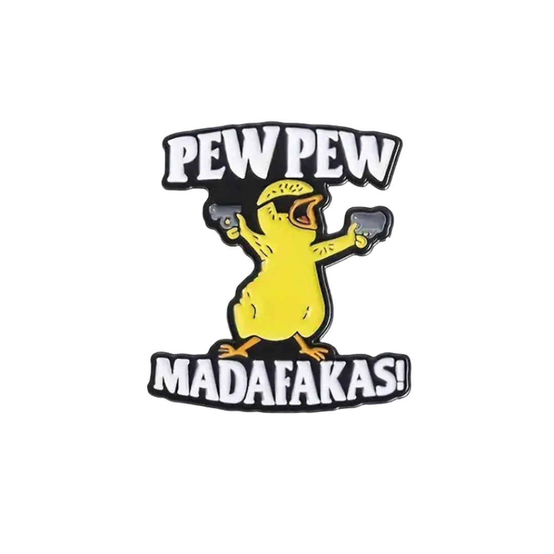 This playful and witty pin is perfect for the friend who shares your sense of humour. Showcasing the clever phrase "Pew Pew Lapel Pin."&nbsp; An ideal gift to brighten someone's day and offer a comforting virtual hug.

Size: 31mm (w) x 35mm (h) www.moralepatches.com.au