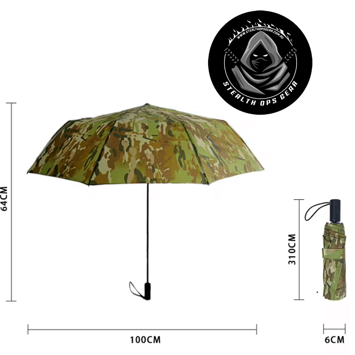 The open umbrella covers a&nbsp;diameter of 116cm&nbsp;for maximum protection. Pressing the handles button will automatically open the canopy, creating a one handed, hassle free deployment. www.moralepatches.com.au