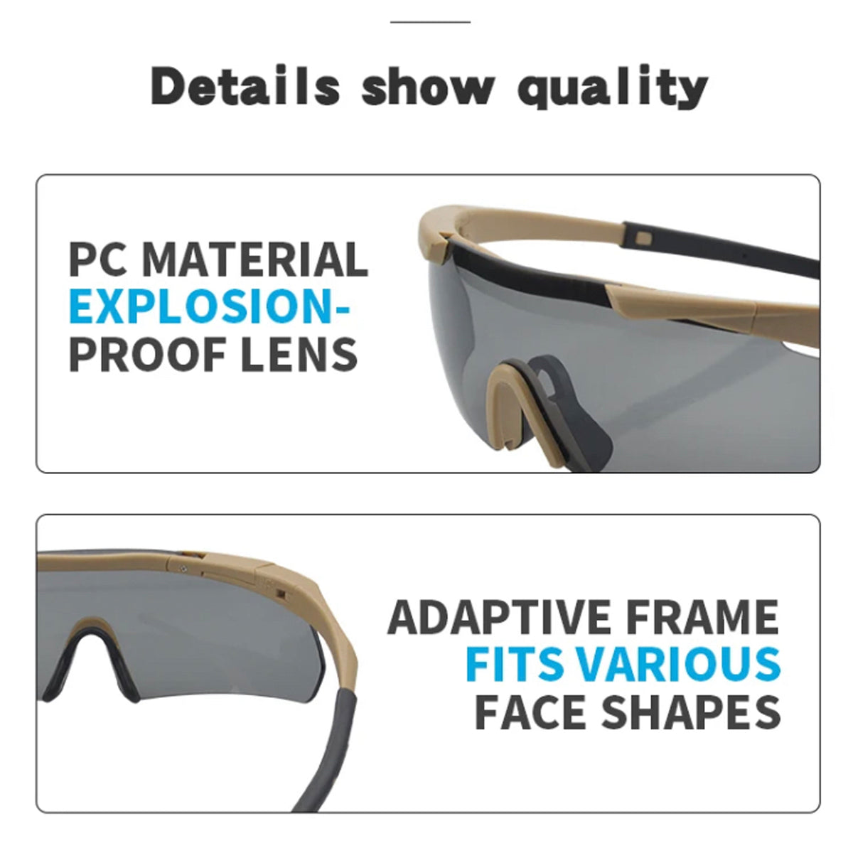 UV Protection multi style Frame style Tactical Eyewear Cycling Hunting Hiking Outdoor sport Military Cadets Frame Material: Acetate Gender: Unisex Lens Width: 155mm Lens Height: 42cm Lenses Optical Attribute: UV400 Frame Color: black, tan, green Lenses Material: PC lens Tactical Glasses www.moralepatches.com.au