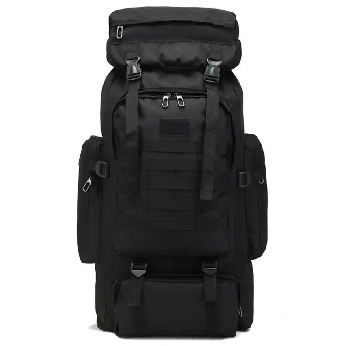 Black Backpack 70LT BY Defence Q Store  70LT capacity  Flap opening  Multipule pockets  MOLLE grid for expanding with pouches and equipment  Measures 72x34x17cm www.moralepatches.com.au