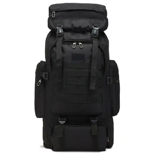 Black Backpack 70LT BY Defence Q Store  70LT capacity  Flap opening  Multipule pockets  MOLLE grid for expanding with pouches and equipment  Measures 72x34x17cm www.moralepatches.com.au
