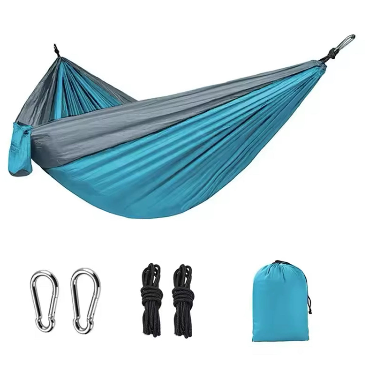 This Hammock Blue & Grey is perfect for camping and traveling. It is compact, made of a light weight material with built in very fine mosquito netting, also comes with 2 heavy duty carabiners, attachment nylon cord with suspenders loops to secure the hammock to the tree line with a carry bag is intergrated into the design. www.moralepatches.com.au