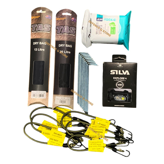 Heading to Wagga Wagga for basic training? This carefully curated bundle delivers the non-issue field gear that transforms your training experience. Keep essentials protected with reliable dry bags, maintain hygiene on the go with quality wipes, and navigate night operations confidently using a dependable headlamp. www.moralepatches.com.au