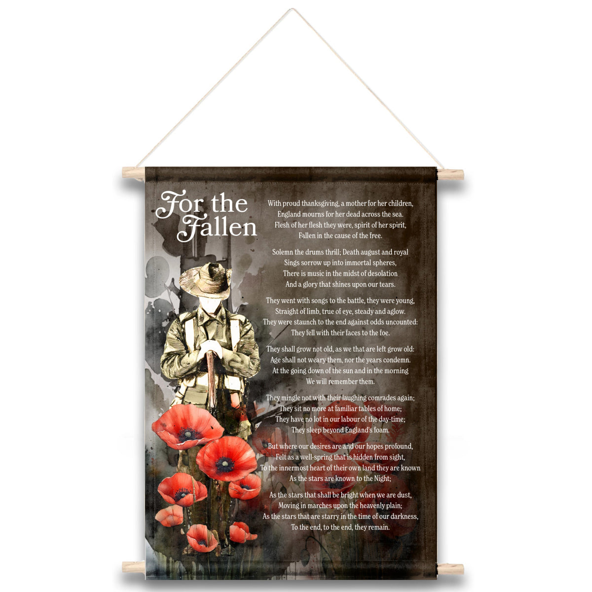 This wall hanging is a stunning montage featuring a lone soldier resting on reversed arms amidst a field of poppies. It includes all seven stanzas from the "For the Fallen" poem penned by Laurence Binyon, first published in "The Times" in September 1914. www.moralepatches.com.au
