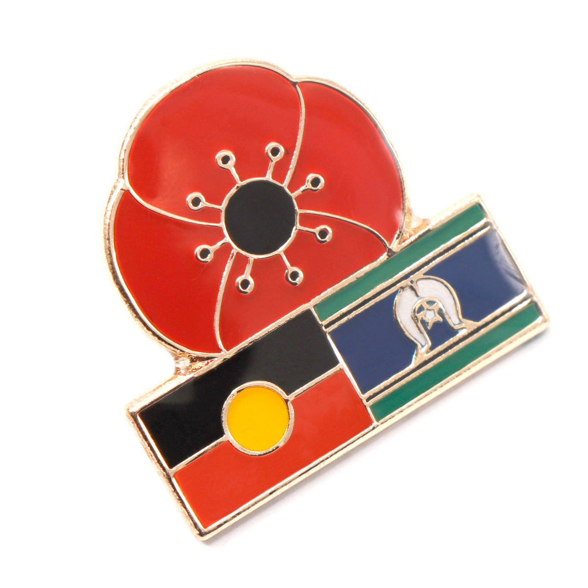 The Honour the Aboriginal and Torres Strait Islander peoples who have served across the Defence Force lapel pin is a vibrant and meaningful accessory. It features a red and gold poppy with the Aboriginal and Torres Strait Flags on the base, symbolizing the service of all those who serve. www.moralepatches.com.au