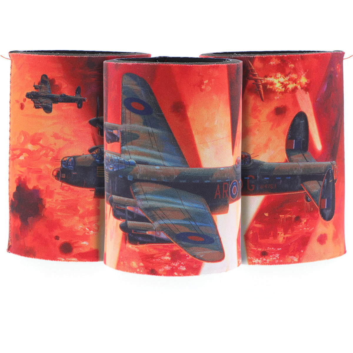 The cooler showcases Harrison's artwork "Into the Cauldron" and a schematic of the Lancaster Bomber on its base. Made from durable neoprene, this cooler is perfect for keeping your drinks cold. With its striking artwork depicting the Lancaster Bomber during an operation with Bomber Command, it is sure to make your mornings more enjoyable. www.moralepatches.com.au