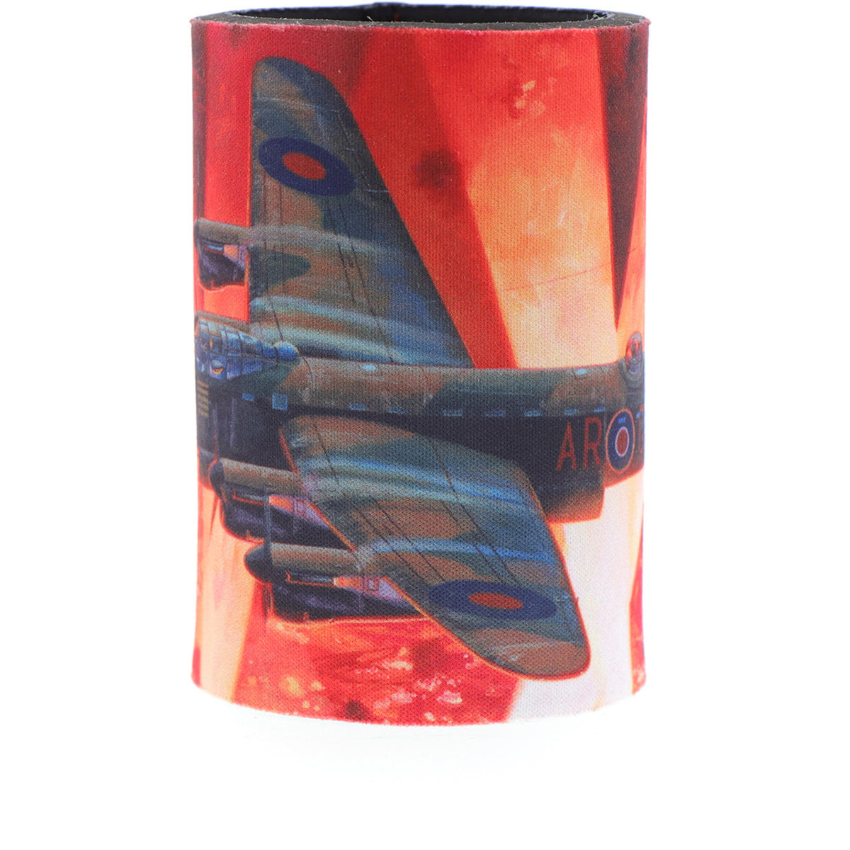 The cooler showcases Harrison's artwork "Into the Cauldron" and a schematic of the Lancaster Bomber on its base. Made from durable neoprene, this cooler is perfect for keeping your drinks cold. With its striking artwork depicting the Lancaster Bomber during an operation with Bomber Command, it is sure to make your mornings more enjoyable. www.moralepatches.com.au