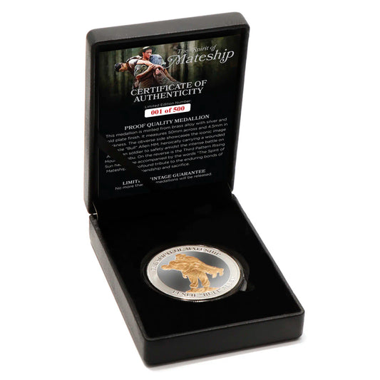 The Leslie Bull Allen Spirit of Mateship Limited Edition Medallion is a tribute to an extraordinary act of bravery and camaraderie. Crafted with meticulous attention to detail, this medallion captures a moment of valour that exemplifies the enduring bonds forged in times of adversity. www.moralepatches.com.au