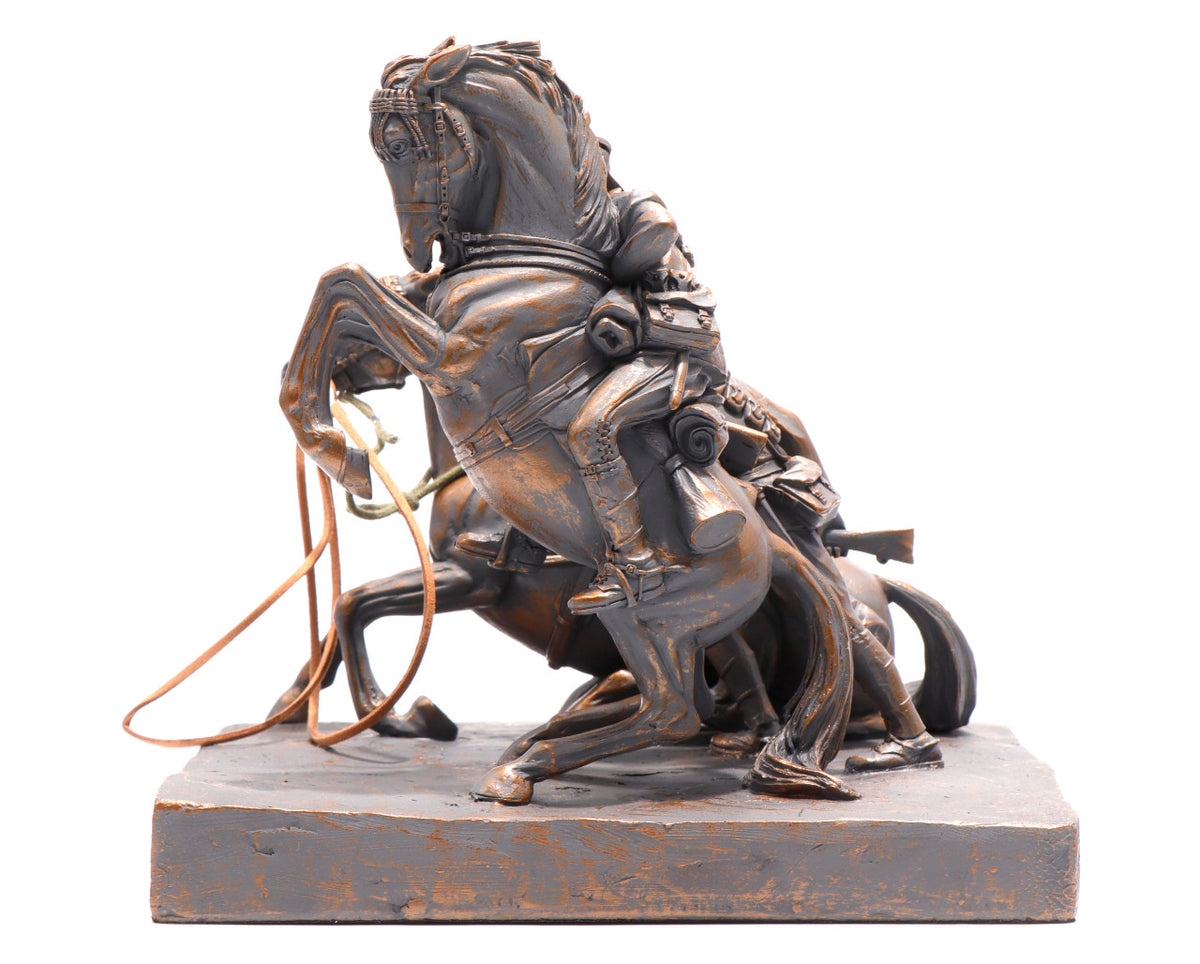 This stunning cold cast bronze figurine honours the bonds of the Desert Mounted Corps of Australian and New Zealand soldiers who died in service or were killed in action in Egypt, Palestine and Syria during World War One. This mid-size figurine is a sensational version of the commonly titled Light Horse Memorial found on Anzac Parade, Canberra. www.moralepatches.com.au