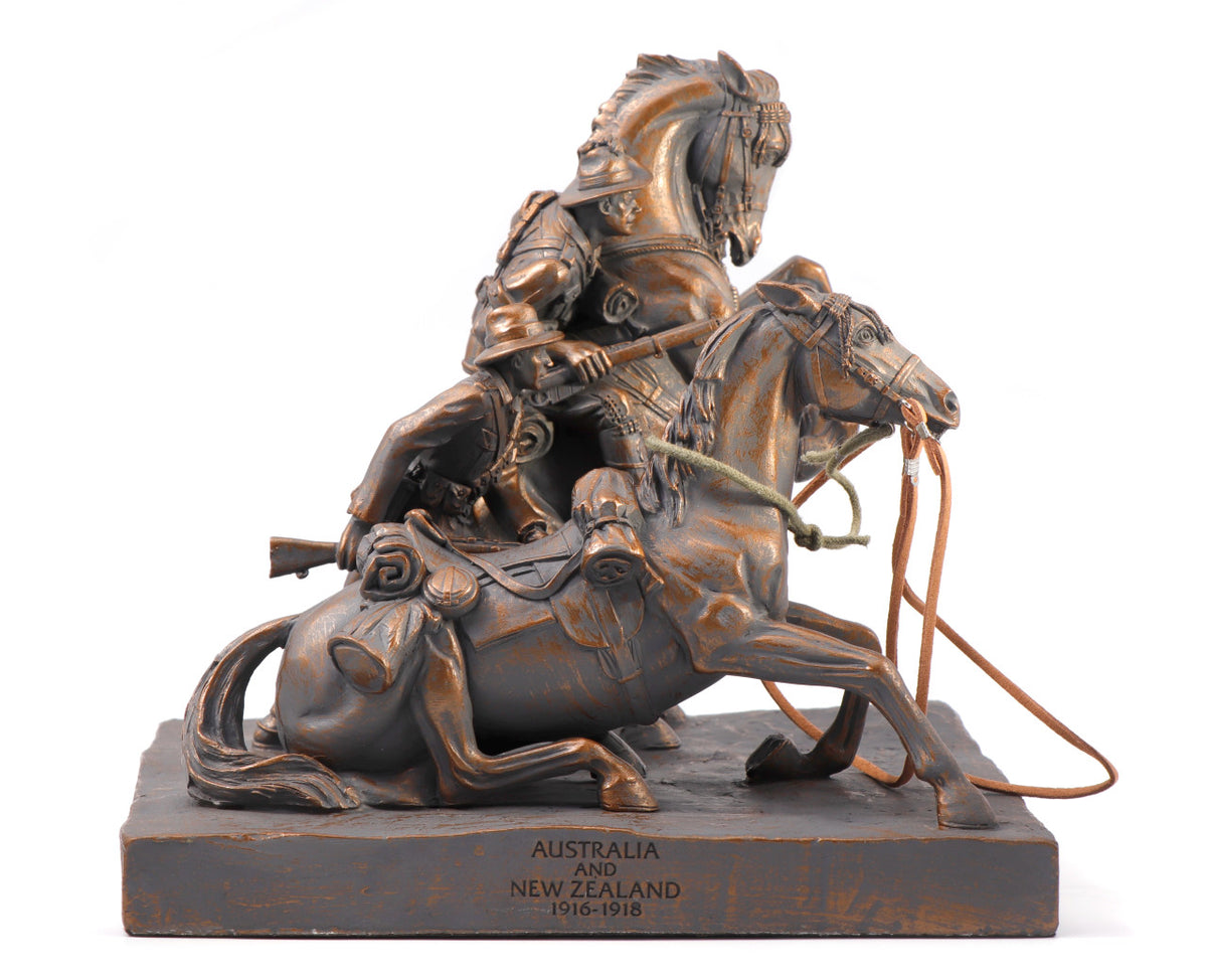 This stunning cold cast bronze figurine honours the bonds of the Desert Mounted Corps of Australian and New Zealand soldiers who died in service or were killed in action in Egypt, Palestine and Syria during World War One. This mid-size figurine is a sensational version of the commonly titled Light Horse Memorial found on Anzac Parade, Canberra. www.moralepatches.com.au