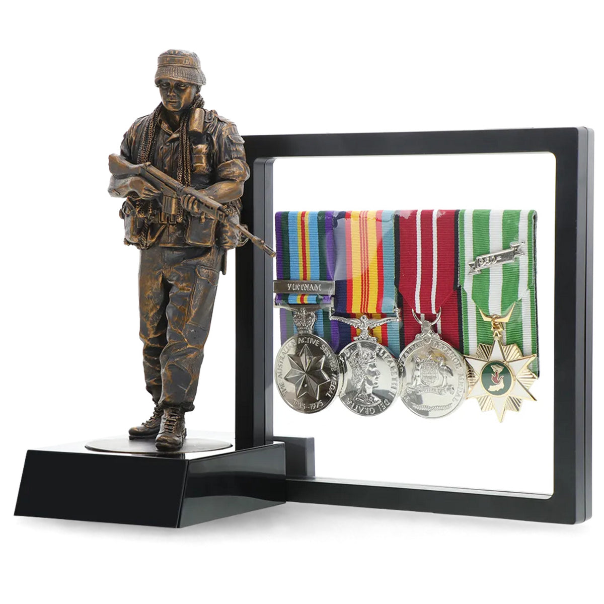 The uniform and equipment worn by this infantryman is representative of Australian servicemen during the conflict in Vietnam. The floppy design of his bush hat, or 'giggle hat', was intended to break up the outline of the head, helping to camouflage the wearer, as well as providing protection from the elements. www.moralepatches.com.au