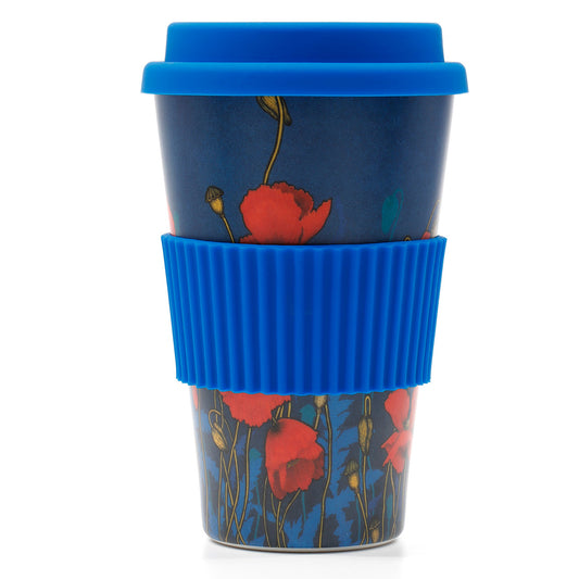 This travel mug will be your new go-to! Manufactured from environmentally friendly bamboo fibre with a silicon lid and grip band, this reusable cup features the stunning poppies from Australian artist Adriana Seserko's work 'Where the Poppies Grow'. This mug is BPA free and food grade. www.moralepatches.com.au