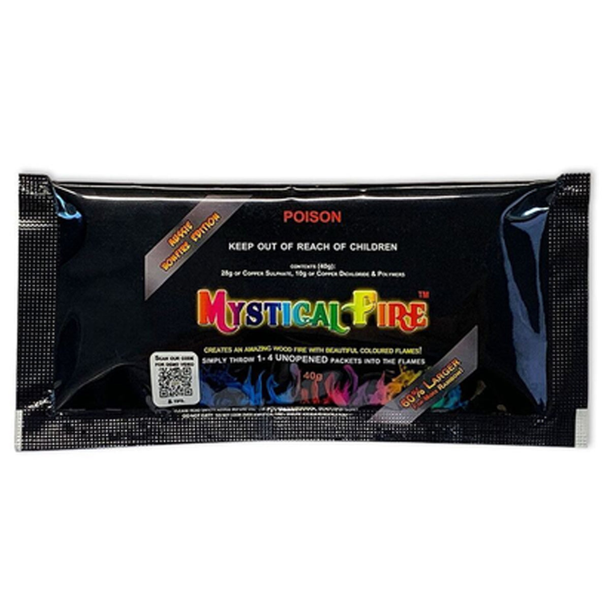 Mystical Fire is an exciting campfire novelty that&nbsp;produces vibrantly coloured flames&nbsp;in any timber fire. Watch in amazement as flames turn from&nbsp;red to blue to green to violet, providing entertainment for the whole family on your next camping trip. This 60% expanded packet increases burn time! www.moralepatches.com.au