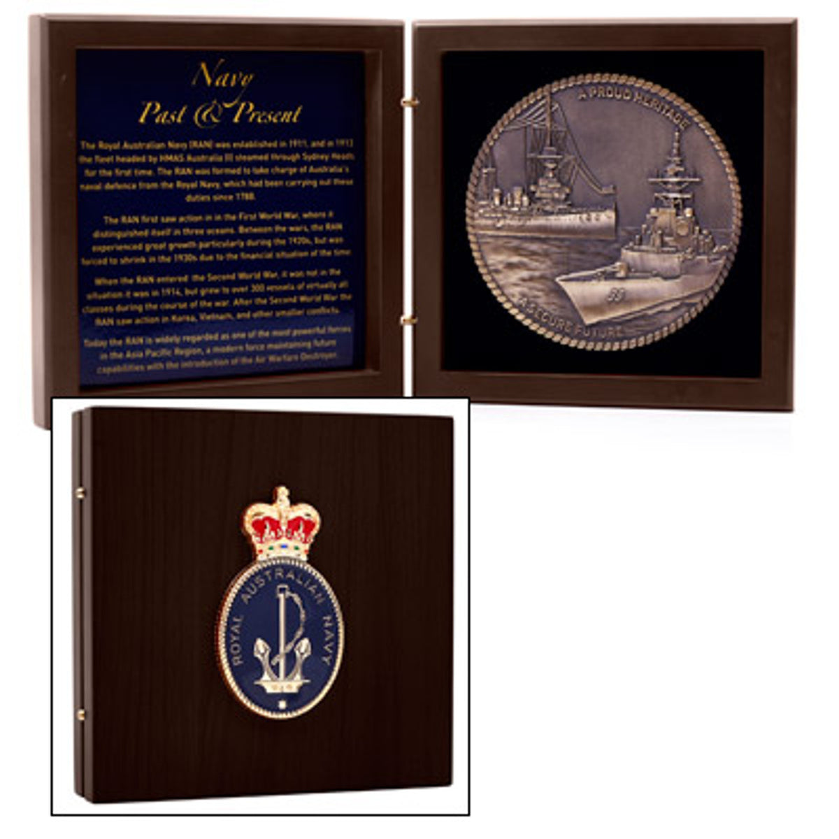 The Limited-Edition Royal Australian Navy Medallion in Antique Bronze Finish is a high-quality commemorative piece that showcases the rich history of the Royal Australian Navy (RAN). This medallion features a stunning antique brass plated 110mm medallion, beautifully displayed in a timber finish box measuring 150mm x 150mm. The front of the box is adorned with a large metal RAN badge, making a bold statement and capturing attention. www.moralepatches.com.au