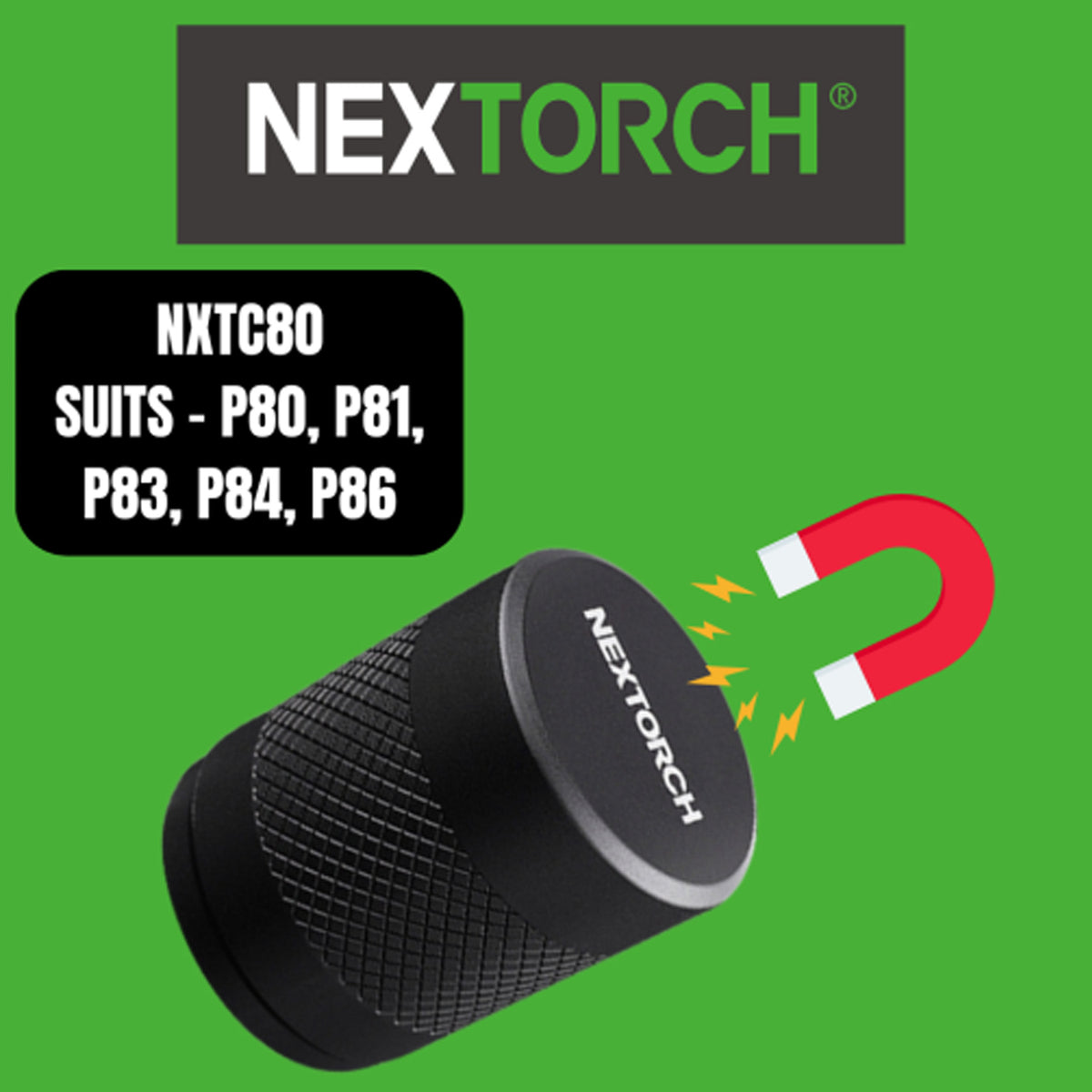 The Nextorch TC80 is an invaluable accessory for your P-Series torches, with a high powered magnet in the base, screw this tail cap onto any of the below torches to be able to attach your torch to almost any metal surface. www.moralepatches.com.au