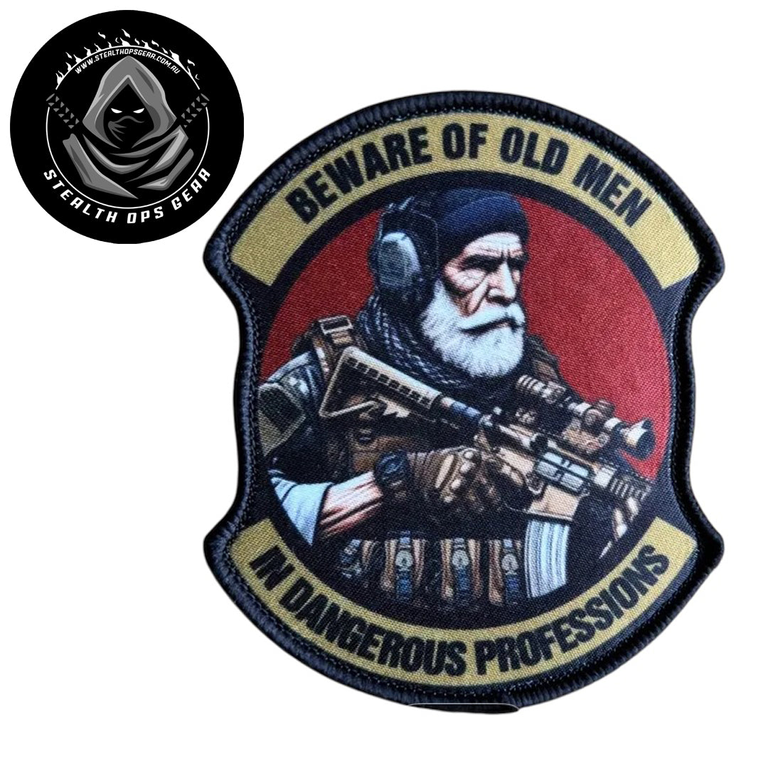 Unleash your creativity with the Beware Of Old Men Embroidery Morale Patch Hook &amp; Loop Stealth Ops Gear! Measuring 9x7.5cm and featuring a beautifully embroidered design and secure hook &amp; loop backing, this patch is a must-have for any collector. www.moralepatches.com.au