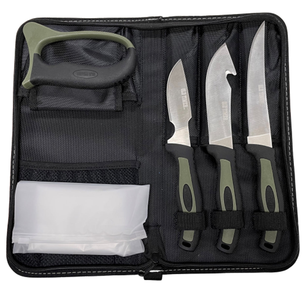 Old Timer Field Dressing Kit has the necessary tools a hunter needs to throw in his pack and process game in the field in one convenient location. Each knife is designed with a comfort grip rubber handle and an included sharpener for repeated use. www.moralepatches.com.au